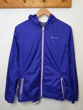 Eddie Bauer Women L Packable Rain Jacket Blue Windbreaker Full Zip Spring/Summer